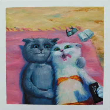 Pintura titulada "Les chats en vacanc…" por Elena Cotté, Obra de arte original, Oleo Montado en Bastidor de camilla de madera