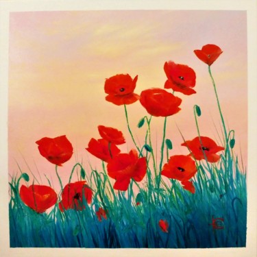 Painting titled "Coquelicots du matin" by Elena Cotté, Original Artwork, Oil Mounted on Wood Stretcher frame
