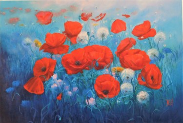 Painting titled "Coquelicots Matinal…" by Elena Cotté, Original Artwork, Oil Mounted on Wood Stretcher frame