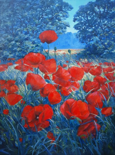 Painting titled ""Coquelicots des ch…" by Elena Cotté, Original Artwork, Oil Mounted on Wood Stretcher frame