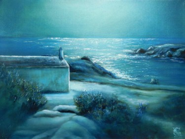 Painting titled "Nuit. L'île d'Yeu" by Elena Cotté, Original Artwork, Oil Mounted on Wood Stretcher frame