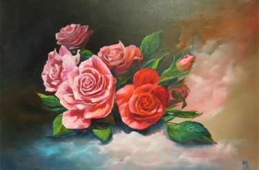 Malarstwo zatytułowany „Bouquets de roses” autorstwa Elena Cotté, Oryginalna praca, Olej Zamontowany na Drewniana rama noszy