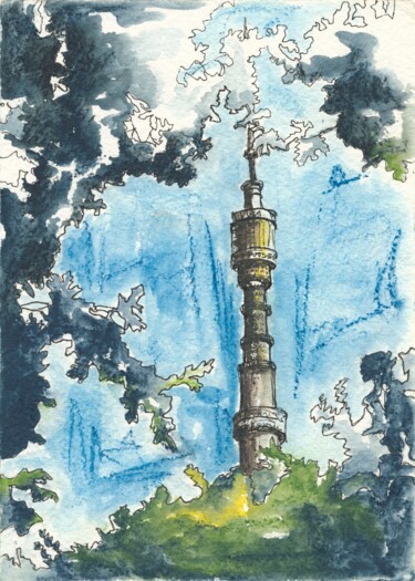 Tekening getiteld "Ostankino TV tower" door Elena Demyanenko, Origineel Kunstwerk, Potlood