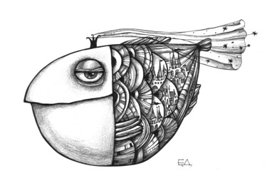 Рисунок под названием "Сумерки" - Елена Додока, Подлинное произведение искусства, Гелевая ручка