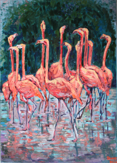 Malerei mit dem Titel "Flamingoes" von Elena Done, Original-Kunstwerk, Öl Auf Keilrahmen aus Holz montiert