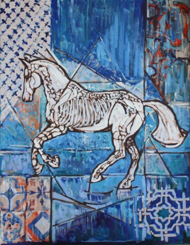 Painting titled "Blue caballos 1" by Elena Done, Original Artwork, Oil Mounted on Wood Stretcher frame