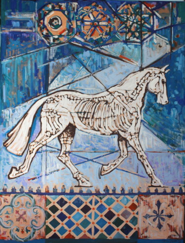 Painting titled "Blue caballlos II" by Elena Done, Original Artwork, Oil Mounted on Wood Stretcher frame