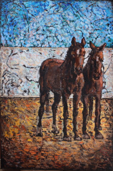 Painting titled "Horses in Villacana" by Elena Done, Original Artwork, Oil Mounted on Wood Stretcher frame