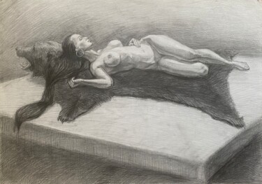 Drawing titled "Lady and a Bear" by Elena Done, Original Artwork, Pencil
