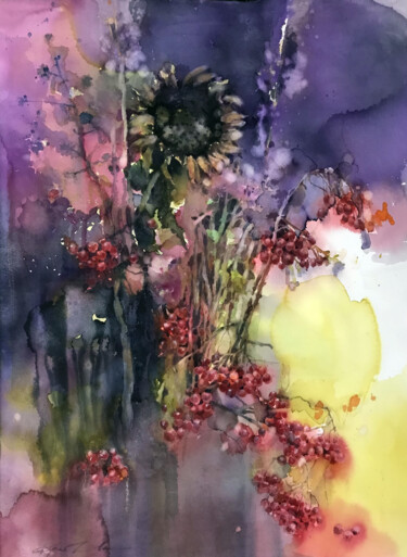 Картина под названием "Осень в фиолетовом." - Elena Drobysheva, Подлинное произведение искусства, Акварель