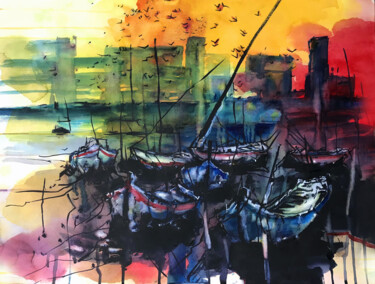 Pintura intitulada "Морской пейзаж 1" por Elena Drobysheva, Obras de arte originais, Aquarela