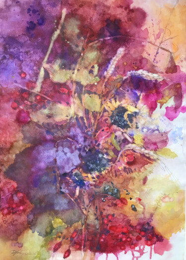 Картина под названием "Осенний букет в фио…" - Elena Drobysheva, Подлинное произведение искусства, Акварель