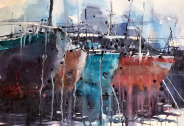 Картина под названием "Большие корабли" - Elena Drobysheva, Подлинное произведение искусства, Акварель