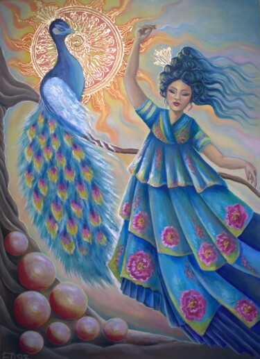 Pintura titulada "La danza del pavone" por Elena Dunaeva, Obra de arte original, Acrílico Montado en Bastidor de camilla de…