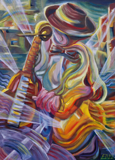 Painting titled "Street music" by Elena Dunaeva, Original Artwork, Acrylic Mounted on Wood Stretcher frame