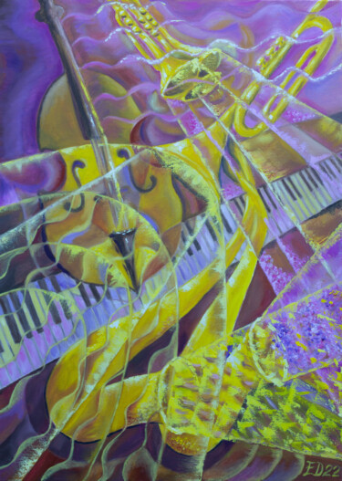 Pintura intitulada "On the waves of jazz" por Elena Dunaeva, Obras de arte originais, Acrílico Montado em Armação em madeira