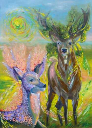 Pittura intitolato "Deer - Spring. Cerv…" da Elena Dunaeva, Opera d'arte originale, Olio Montato su Telaio per barella in le…