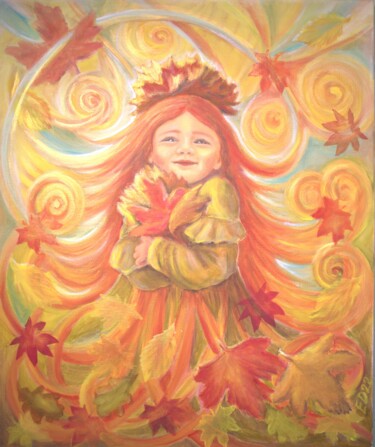 Painting titled "Miss Autunno" by Elena Dunaeva, Original Artwork, Oil Mounted on Wood Stretcher frame