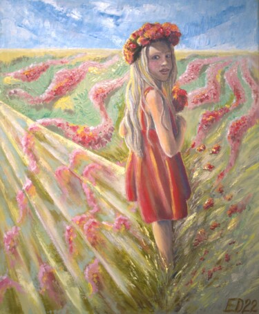 Pittura intitolato "Fiore rosso" da Elena Dunaeva, Opera d'arte originale, Olio Montato su Telaio per barella in legno
