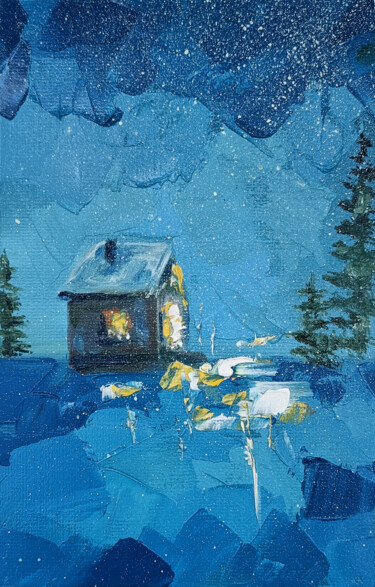 Painting titled "Night house" by Elena Dundukova, Original Artwork, Oil