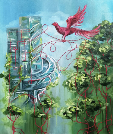 Painting titled "The Red Bird's asce…" by Elena Dundukova, Original Artwork, Oil
