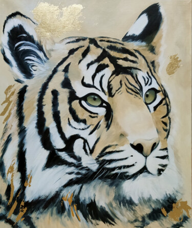 Painting titled "Тигр" by Elena Dzhafarova (Kelen), Original Artwork, Oil Mounted on Wood Stretcher frame