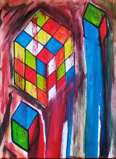 Painting titled "Mind game cube - ru…" by Elena Flying, Original Artwork, Acrylic Mounted on Wood Stretcher frame