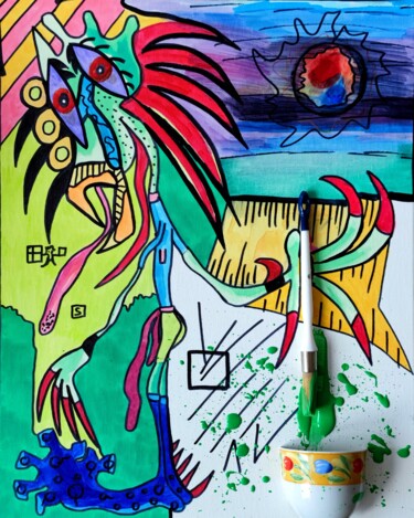 Schilderij getiteld "Foxy-to" door Elena Flying, Origineel Kunstwerk, Marker