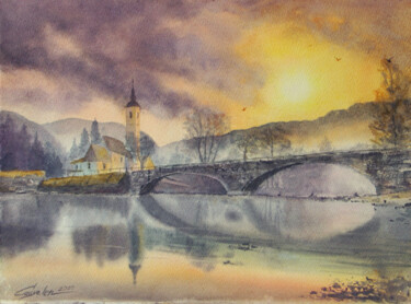 Painting titled "Sunset lake" by Elena Gaivoronskaia, Original Artwork, Watercolor