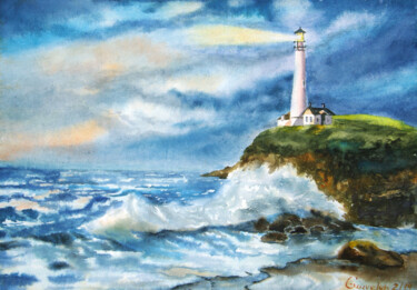 Painting titled "Lighthouse on the r…" by Elena Gaivoronskaia, Original Artwork, Watercolor