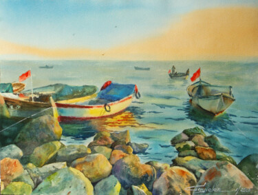 Painting titled "Sunset stones" by Elena Gaivoronskaia, Original Artwork, Watercolor