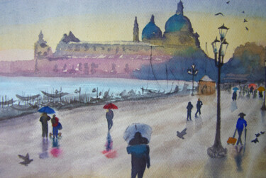 Painting titled "Rain in Venice" by Elena Gaivoronskaia, Original Artwork, Watercolor