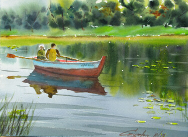 Peinture intitulée "Couple in a boat" par Elena Gaivoronskaia, Œuvre d'art originale, Aquarelle
