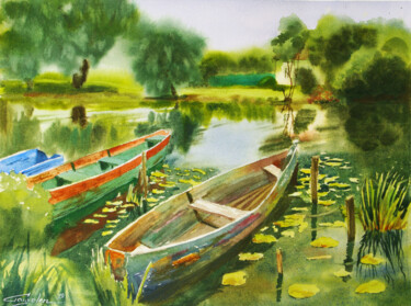 Malerei mit dem Titel "Boats on the river" von Elena Gaivoronskaia, Original-Kunstwerk, Aquarell