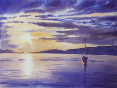 Peinture intitulée "Yacht at sunset" par Elena Gaivoronskaia, Œuvre d'art originale, Aquarelle