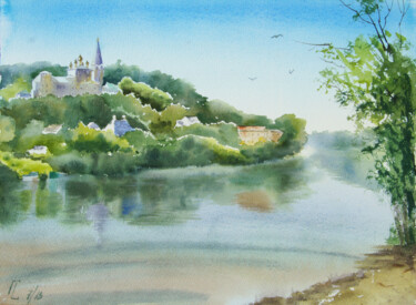 Painting titled "Calm river" by Elena Gaivoronskaia, Original Artwork, Watercolor