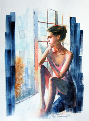 Painting titled "Stay home" by Elena Gaivoronskaia, Original Artwork, Watercolor