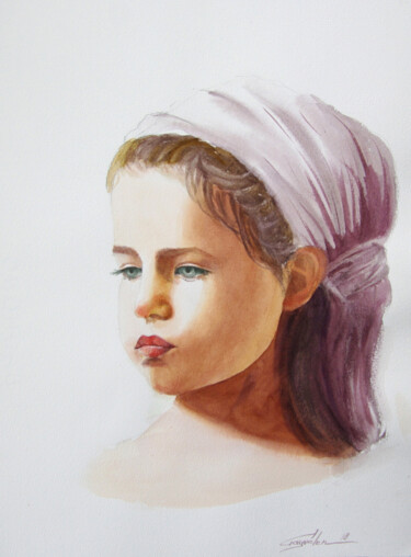 Painting titled "Sad girl" by Elena Gaivoronskaia, Original Artwork, Watercolor