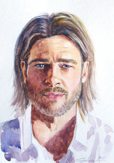 Pintura titulada "Brad Pitt" por Elena Gaivoronskaia, Obra de arte original, Acuarela