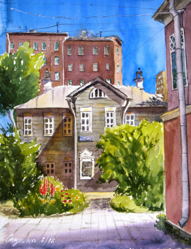 Painting titled "Summer patio" by Elena Gaivoronskaia, Original Artwork, Watercolor