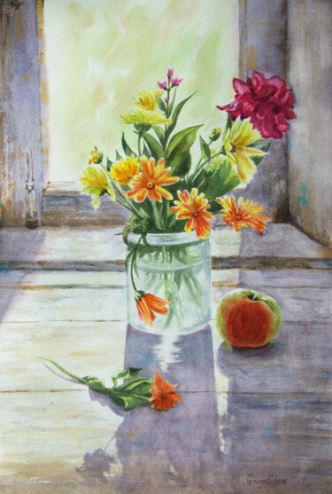Peinture intitulée "Yellow daisies" par Elena Gaivoronskaia, Œuvre d'art originale, Aquarelle