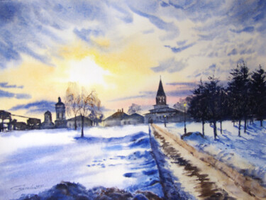 Malerei mit dem Titel "Winter landscape" von Elena Gaivoronskaia, Original-Kunstwerk, Aquarell