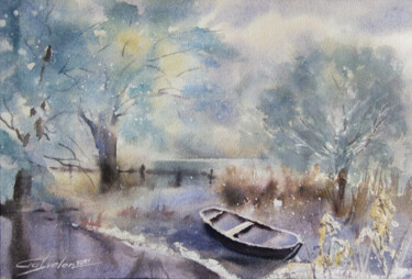 Картина под названием "Boat in the snow" - Elena Gaivoronskaia, Подлинное произведение искусства, Акварель