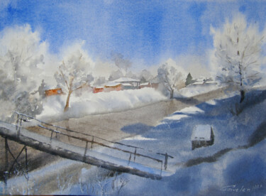 Malerei mit dem Titel "The river is frozen" von Elena Gaivoronskaia, Original-Kunstwerk, Aquarell