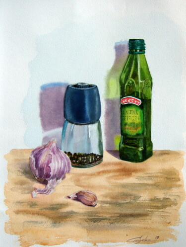 Malerei mit dem Titel "Oil and garlic" von Elena Gaivoronskaia, Original-Kunstwerk, Aquarell