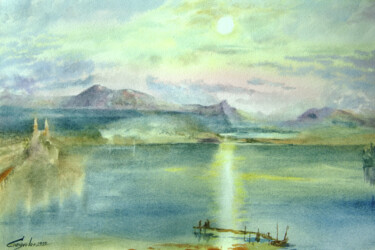 Schilderij getiteld "Lake Lucerne" door Elena Gaivoronskaia, Origineel Kunstwerk, Aquarel