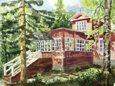 Painting titled "House in the forest" by Elena Gaivoronskaia, Original Artwork, Watercolor