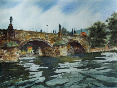 Schilderij getiteld "The Charles bridge" door Elena Gaivoronskaia, Origineel Kunstwerk, Aquarel