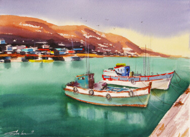 Pintura intitulada "Holiday in Cyprus" por Elena Gaivoronskaia, Obras de arte originais, Aquarela