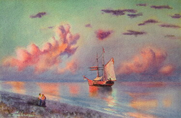 Pittura intitolato "Enchanting sunset" da Elena Gaivoronskaia, Opera d'arte originale, Acquarello